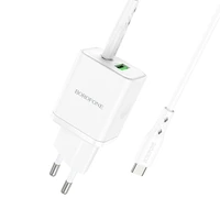 Borofone Sienas lādētājs BN7 - USB + Type C - QC 3.0 PD 20W ar Type C uz Type C kabeli balts