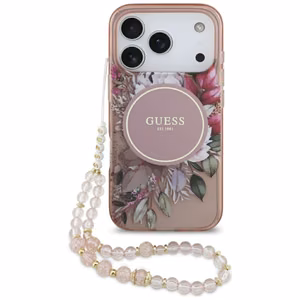 Guess IML Flowers Pearl Strap MagSafe Case for iPhone 17 Pro - Pink