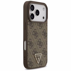Guess Leather 4G Triangle Strass MagSafe vāciņš iPhone 18 Pro / 17 Pro – brūns