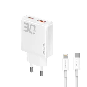 GaN Dudao A30EUL 30W USB-A / USB-C sienas lādētājs + USB-C - Lightning kabelis - balts