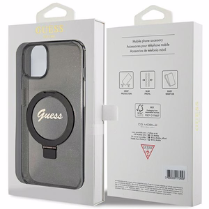 Guess viedtālruņa apvalks ar statīvu Ring Stand Script Glitter magnētiskais iPhone 15 Plus / 14 Plus - melns