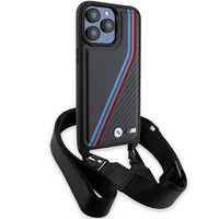 BMW M Edition oglekļa trīskrāsu līnijas un siksna viedtālruņa apvalks iPhone 15 Pro Max - melns