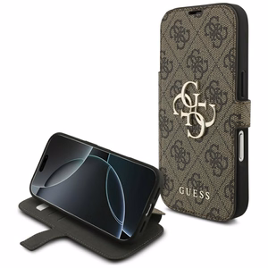 Guess Book 4G Metal Logo atverams maciņš iPhone 18 Pro / 17 Pro, brūns