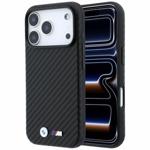 BMW aizsargvāciņš ierīcei iPhone 18 Pro Max / 17 Pro Max: (Carbon Metal Logo), saderīgs ar MagSafe, krāsa – melna