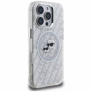 Karl Lagerfeld IML Glitter Karl & Choupette Heads Logo MagSafe maciņš iPhone 16 Pro Max - pelēks