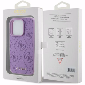 Guess Ādas 4G Reljefs viedtālruņa apvalks iPhone 15 Pro - violets