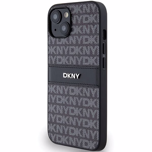 DKNY ādas mono svītra un metāla logotips viedtālruņa apvalks iPhone 15/14/13 - melns