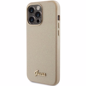 Guess Mirdzošs glancēts uzraksts apvalks iPhone 15 Pro - zelta