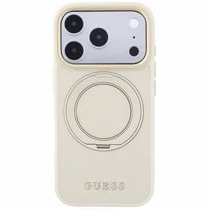 Guess Grained Classic Logo vāciņš modelim iPhone 18 Pro / 17 Pro, ar 360° gredzenu-statīvu, saderīgs ar MagSafe – bēšs