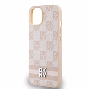 DKNY Ādas rūtainais mono raksts un drukātās svītras viedtālruņa apvalks iPhone 15 Plus / 14 Plus - rozā