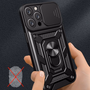 Hybrid Armor Camshield viedtālruņa apvalks iPhone 16 Pro ar kameras vāciņu un statīvu - melns