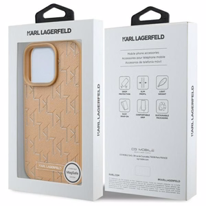 Karl Lagerfeld ādas monogrammas metāla logotipa magnētiskais viedtālruņa apvalks iPhone 16 Pro - bēšs