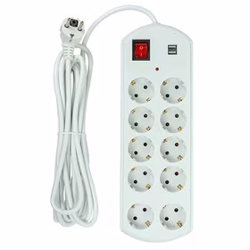 Extension cord 5m, 10 sockets, 2x USB, ar switch