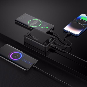 Portatīvais lādētājs Hoco 20000 mAh QC PD 2A 22,5W ar iebūvētiem kabeļiem USB C + Lightning J171A melns