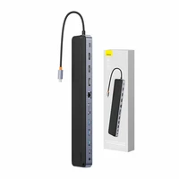Hub 12w1 Baseus EliteJoy Gen2 series USB-C uz 2xHDMI+ 3xUSB 3.0+ PD+ DP+ SD/TF+ RJ45+Type-C+ 3.5mm (tumši pelēks)