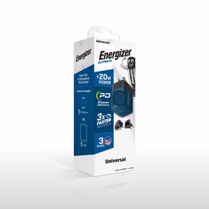 Energizer Ultimate A20MUBL GaN ceļojumu sienas lādētājs ar EU / UK / US spraudņiem, USB-C, 20 W PD, zils