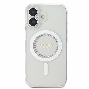 Guess IML Rhinestones magnētiskais viedtālruņa apvalks iPhone 16 - balts