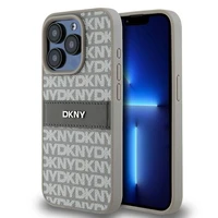 DKNY Ādas mono svītra un metāla logotips viedtālruņa apvalks iPhone 15 Pro Max - bēšs