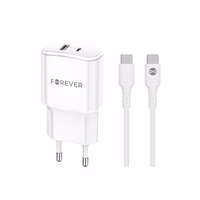 Forever TC-01-20AC PD QC lādētājs 1x USB-C 1x USB 20W balts + USB-C - USB-C kabelis 20W