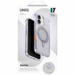 Uniq Swivix vāciņš iPhone 17 ar 360° rotējošu statīvu – caurspīdīgs