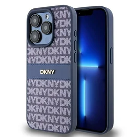 DKNY Ādas mono svītra un metāla logotips viedtālruņa apvalks iPhone 15 Pro - zils