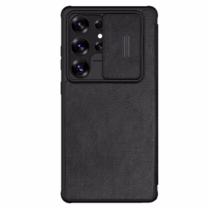 Nillkin Qin Pro viedtālruņa apvalks Samsung Galaxy S25 Ultra ar vāciņu un kameras pārsegu - Melns