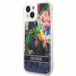 Guess GUHCP14MLFLSB iPhone 14 Plus 6.7 "zils/zils cietais apvalks Flower Liquid Glitter