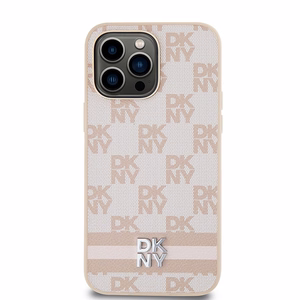 DKNY Ādas rūtainais mono raksts un drukātās svītras viedtālruņa apvalks iPhone 14 Pro Max - rozā