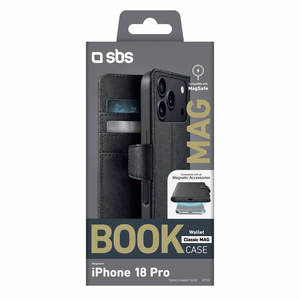 SBS Wallet Classic Mag maciņš modelim iPhone 18 Pro, ar maku un statīvu, saderīgs ar MagSafe – melns