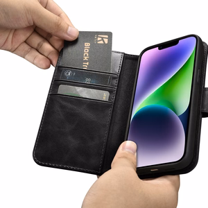iCarer Eļļas Vaska Maki Apvalks 2in1 Vāks iPhone 14 Plus Anti-RFID Ādas Atverams Apvalks Melns (WMI14220723-BK)