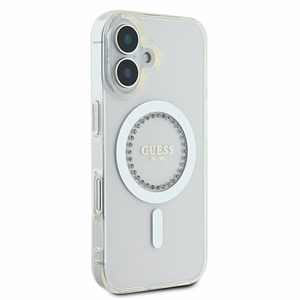 Guess IML Rhinestones magnētiskais viedtālruņa apvalks iPhone 16 - balts