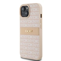 DKNY Ādas mono svītra un metāla logotips viedtālruņa apvalks iPhone 15 Plus / 14 Plus - rozā