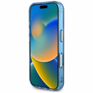 Guess IML Metal Glitter 4G Circle Triangle magnētiskais viedtālruņa apvalks iPhone 16 - zils