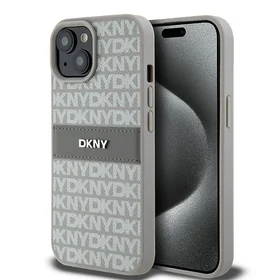 DKNY Ādas mono svītra un metāla logotips viedtālruņa apvalks iPhone 15 Plus / 14 Plus - bēšs