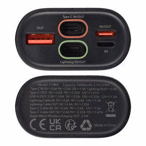 Portatīvais lādētājs Forcell F-Energy F10K4 PD QC3.0 3A 22,5W 10000 mAh su Apple Watch saderīgs melns