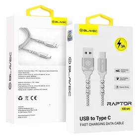 Blavec kabelis Raptor pīts - USB uz Type C - 3A 1 metrs Apple CarPlay/Android Auto (CRA-UC3WS10) balts-sudraba