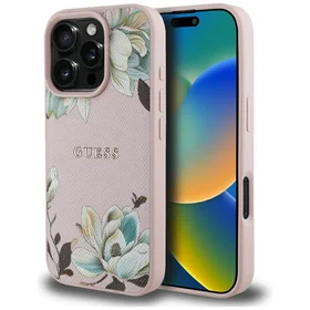 Guess Grained Printed Flower Pattern MagSafe viedtālruņa apvalks iPhone 16 Pro rozā