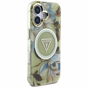 Guess Glitter Flowers Triangle Buttons Magnētiskais viedtālruņa apvalks iPhone 16 - zaļš