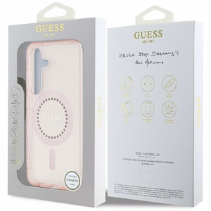 Guess Kristāli Drukāts Klasiskais Logotips Magnētiskais Samsung Galaxy S25 Viedtālruņa apvalks rozā