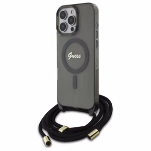 Guess Crossbody Cord Script Magnētiskais viedtālruņa apvalks iPhone 16 Pro Max - melns