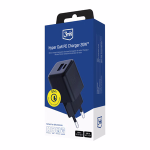 Melns 3mk Hyper GaN tīkla lādētājs, 20 W, QC4+/PD/PPS, USB 1A1C, ES