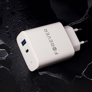 Forever TC-07-30AC PD QC lādētājs 1x USB-C 1x USB 30W balts + USB-C - USB-C kabelis 60W