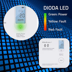 Qoltec 52577 Bezvadu oglekļa monoksīda (CO) sensors ar bateriju | sensora kalpošanas laiks 10 gadi | trauksme 85dB | LED