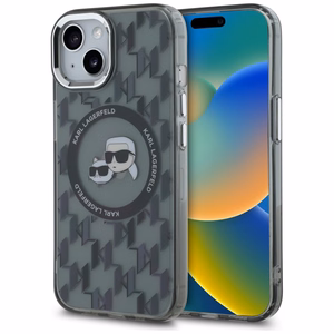 Karl Lagerfeld IML Monogramma Karl & Choupette Head Magnētiskais iPhone 15 Plus viedtālruņa apvalks - melns