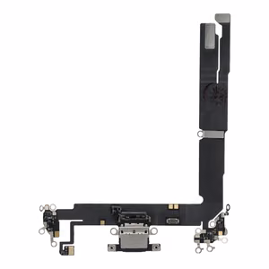 Original charging-port flex cable removed from a donor device for iPhone 16 Plus – black