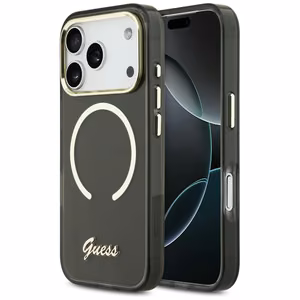 Guess IML Script Metal MagSafe Maciņš for iPhone 17 Pro - melns