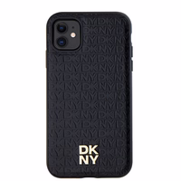 DKNY ādas monogrammas raksts metāla logotips magnētiskais viedtālruņa apvalks iPhone 11 / Xr - melns