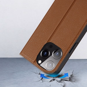 Dux Ducis Skin X2 viedtālruņa apvalks iPhone 14 Pro ar magnētisko atloku brūns