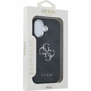 GUESS viedtālruņa apvalks IPHONE 17 GUHCP17SP4G4SMCK (4G PU ādas apvalks ar lielu 4G un klasisko logotipu un sudraba metāla kameras rāmi) melns