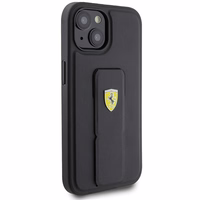 Ferrari Grip Stand Metal Logo apvalks iPhone 15 – melns